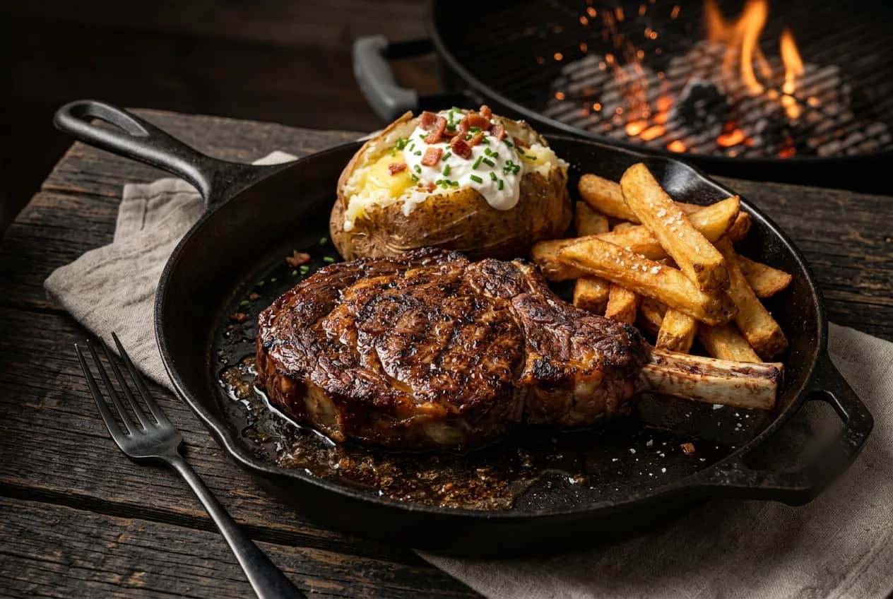 Illustration of a bone-in ribeye with a loaded baked potato and steak fries in a cast-iron skillet